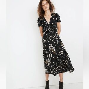 Madewell Puff-Sleeve Wrap-Front Midi Dress in Polka Daisies